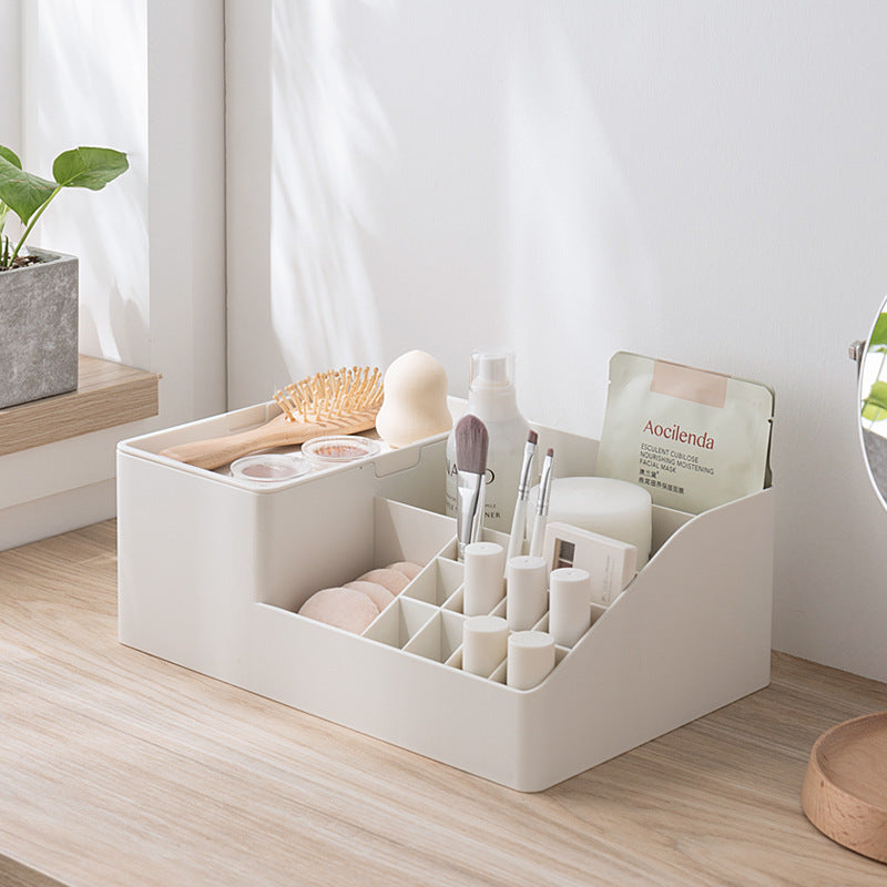 cosmetic organizer on a wooden surface with various items including a hairbrush and skincare products.