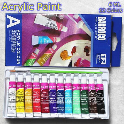 Barrocco acrylic paint set with 12 colors in a box on a gray background