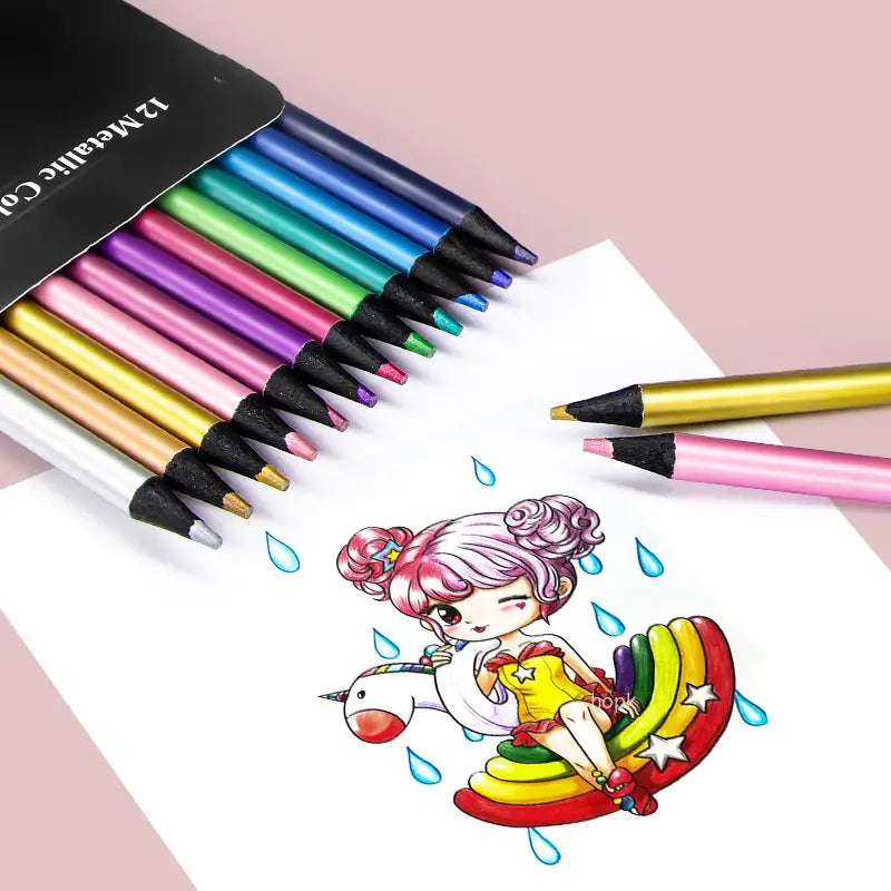 Coloring pens with a completed drawing of a character with pink hair and a rainbow umbrella on a white background.