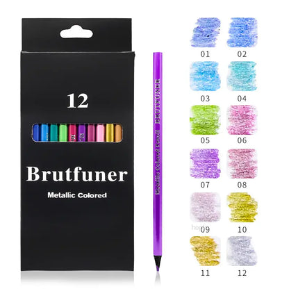 Brutfuner metallic colored pencil set with packaging and color swatches on a white background