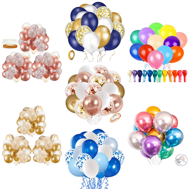 A set of multiple balloon arrangements and confetti balloons shown on a plain white background, including metallic rose gold, gold, navy, white, blue, pink, purple, green, orange, and yellow balloons, plus small confetti balloons and a row of colorful cupcake toppers.