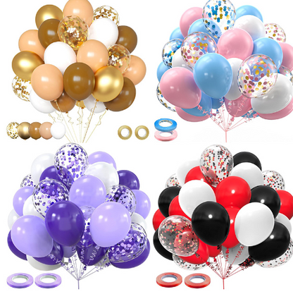 Four balloon bouquet sets arranged in a 2x2 grid on a white background, each set including latex balloons in coordinating colors plus confetti balloons and adhesive tape. The colorways shown are gold, white, and peach/beige; pink, blue, and white; purple, white, and lavender; and red, white, black, and clear.
