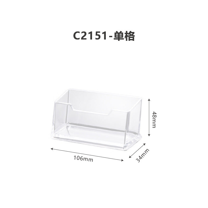 Clear acrylic business card holder with dimensions on a white background