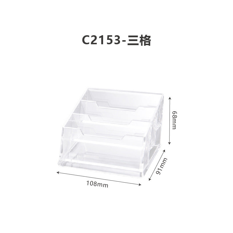 Clear acrylic desk organizer with dimensions on a white background