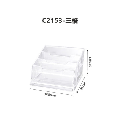 Clear acrylic desk organizer with dimensions on a white background