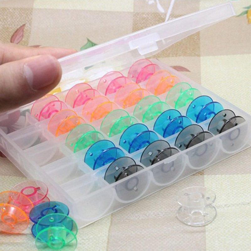 Colorful fishing sinkers in a transparent box on a checkered tablecloth.