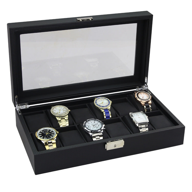 Black watch display case with six watches on a white background