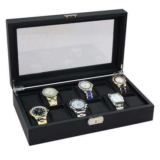 Black watch display case with six watches on a white background