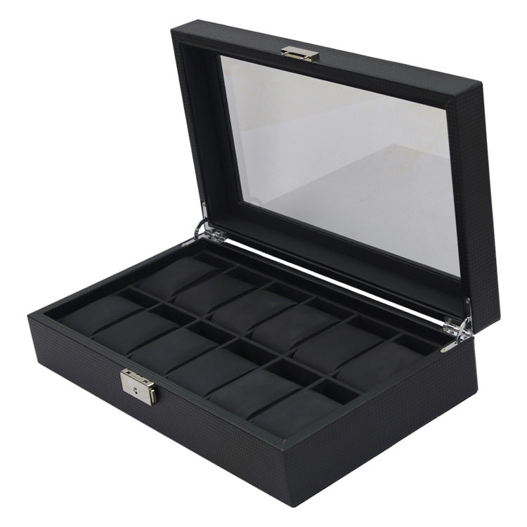 Black watch box with glass lid on a white background holds 12 watches