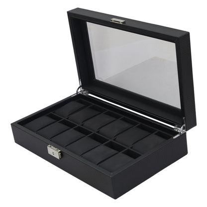 Black watch box with glass lid on a white background holds 12 watches