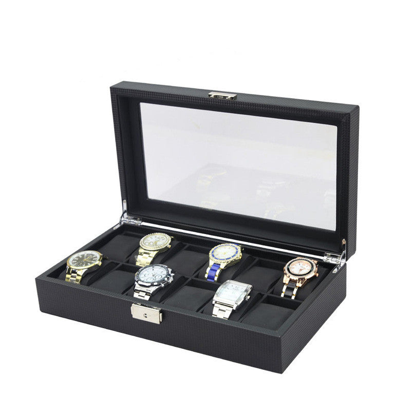 Black watch display case with six watches on a white background