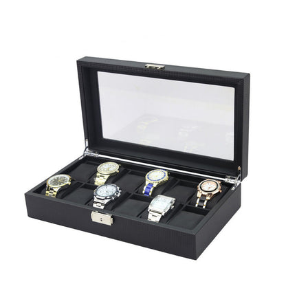 Black watch display case with six watches on a white background