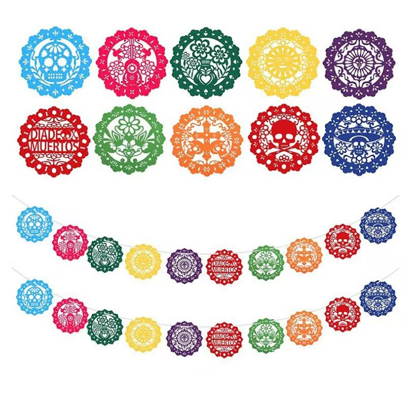 Colorful Dia de los Muertos decorative garland set with multiple circular paper cutouts in blue, pink, green, yellow, purple, red, and orange, plus a matching hanging banner on a white background.