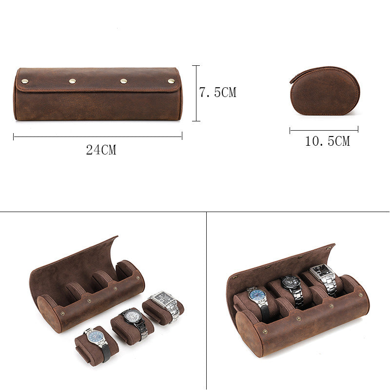 Brown leather watch display stand with dimensions on a white background