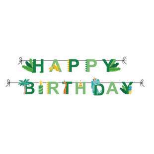 A 'HAPPY BIRTHDAY' banner garland with letters decorated to look like green palm trees, cacti, and tropical leaves, strung on a black cord against a plain white background.