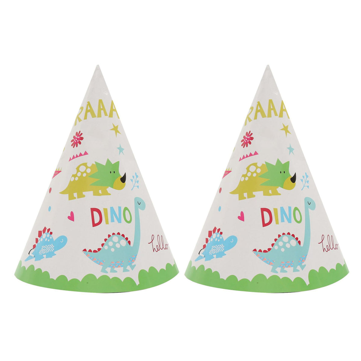 Two white party hats with colorful dinosaur illustrations and the word 'DINO' on a plain white background.