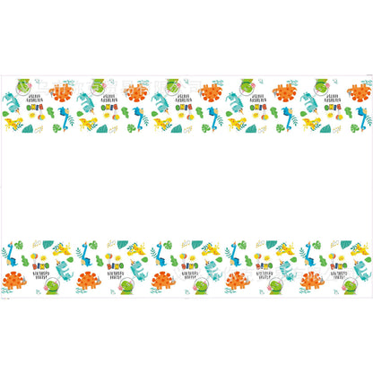 A repeating border pattern with colorful cartoon dinosaurs, plants, and text reading 'Happy Birthday' on a white background, shown as a long horizontal strip with margins above and below.