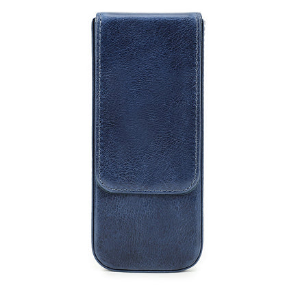 Blue leather pen case on a white background