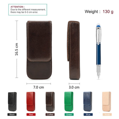Brown leather pouch with dimensions, weight, and color options displayed on a white background.