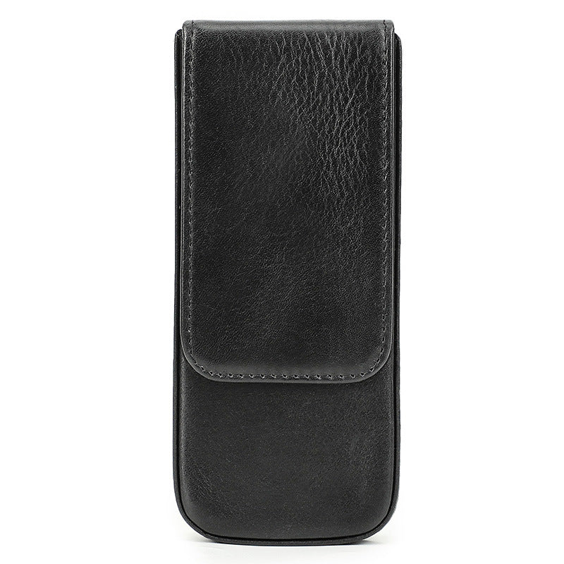 Black leather pen case on a white background