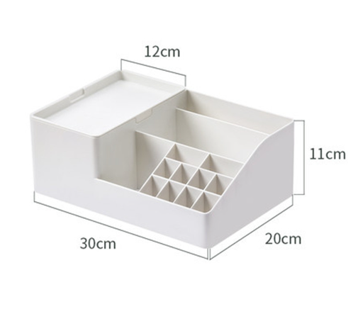 White cosmetic organizer with dimensions labeled on a white background