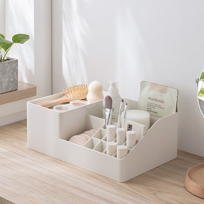  cosmetic organizer on a wooden surface with various items including a hairbrush and skincare products.