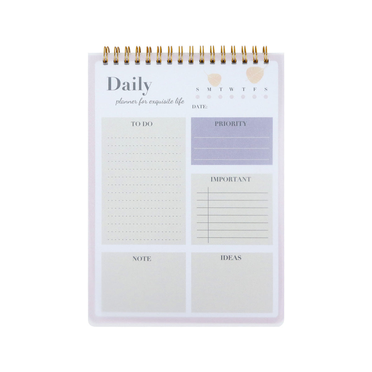 A daily planner desk pad with a white cover, gold spiral binding, and pastel-colored sections for to-do lists, priority, date, notes, and ideas.