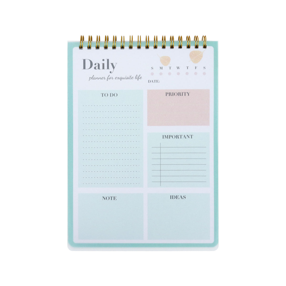 A mint green daily planner with a gold spiral binding, featuring sections for to-do lists, priority, date, notes, and ideas on a white background.