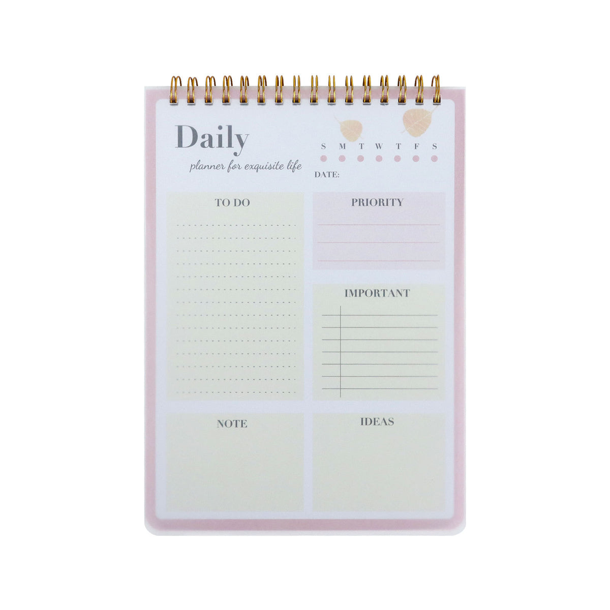 A daily planner notepad with a gold spiral binding, featuring pastel pink and cream sections for to-do lists, priority, date, notes, and ideas.
