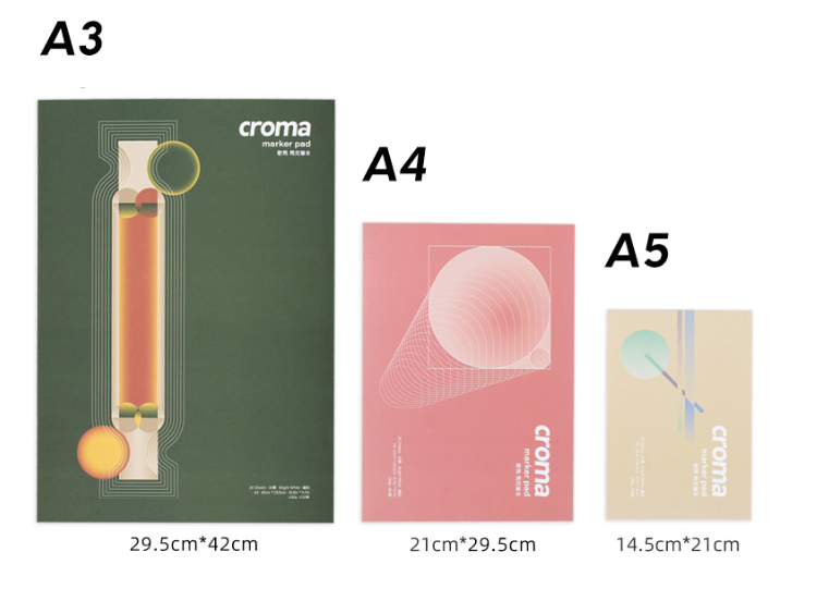Three different sizes of Croma marker pads with dimensions displayed below each.