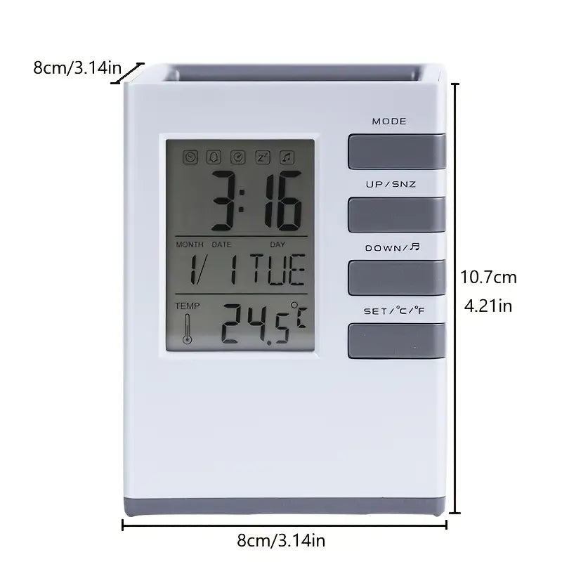 Pen holder Digital clock with temperature display and dimensions labeled