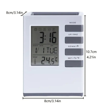 Pen holder Digital clock with temperature display and dimensions labeled