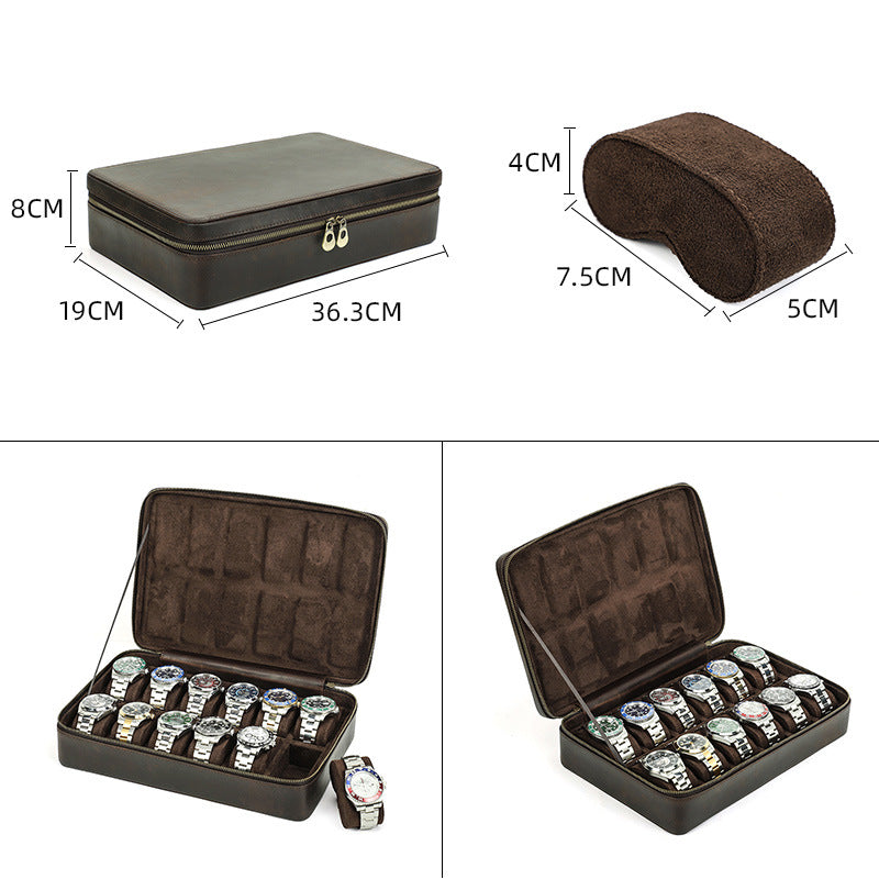 Brown watch storage case with dimensions and watches inside