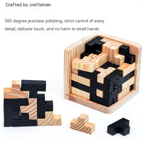 Wooden puzzle with black and natural wood pieces on a white background